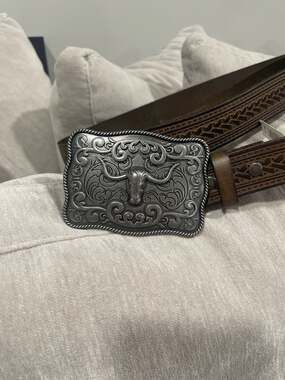 Cody James Men's Tooled Leather Belt with Silver Scalloped Longhorn Belt Buckle